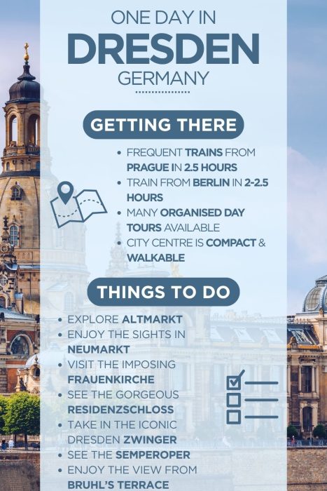 A portrait-format travel itinerary infographic titled "One Day in Dresden, Germany," with a semi-transparent white overlay panel on a background photograph of Dresden's historic skyline, featuring the Frauenkirche tower and baroque architecture. The infographic is divided into two sections: Getting There (teal pill header, map/pin icon), listing frequent trains from Prague in 2.5 hours, train from Berlin in 2–2.5 hours, many organised day tours available, and noting the city centre is compact and walkable; and Things To Do (teal pill header, checklist icon), listing exploring Altmarkt, enjoying the sights in Neumarkt, visiting the Frauenkirche, seeing the Residenzschloss, taking in the Dresden Zwinger, seeing the Semperoper, and enjoying the view from Bruhl's Terrace.