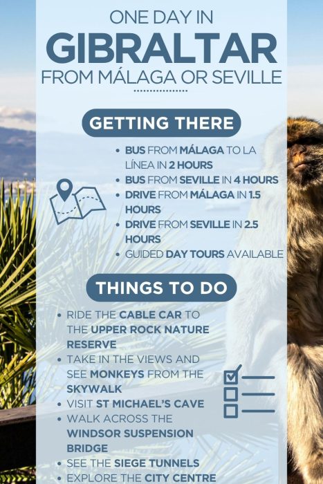 Infographic titled "One Day in Gibraltar from Málaga or Seville" overlaid on a photo of a Barbary macaque monkey with mountain and sky views in the background. Getting There section lists transport options: bus from Málaga to La Línea in 2 hours; bus from Seville in 4 hours; drive from Málaga in 1.5 hours; drive from Seville in 2.5 hours; guided day tours available. Things To Do section lists: ride the cable car to the Upper Rock Nature Reserve; take in the views and see monkeys from the Skywalk; visit St Michael's Cave; walk across the Windsor Suspension Bridge; see the Siege Tunnels; explore the City Centre.