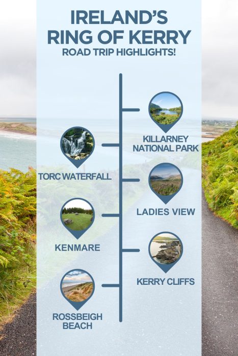 Ireland's Ring of Kerry Road Trip Highlights infographic. A vertical timeline route map features six stops, each marked with a circular photo pin. From top to bottom: Killarney National Park (lake and green hills), Torc Waterfall (cascading waterfall), Ladies View (sweeping valley and mountain panorama), Kenmare (stone circle on green grassland), Kerry Cliffs (dramatic rocky coastal cliffs), and Rossbeigh Beach (sandy beach with dune grass). The background shows a scenic Irish coastal road flanked by green ferns.