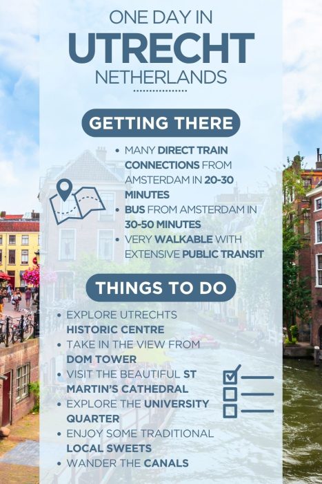 Infographic titled "One Day in Utrecht, Netherlands" with a background photo of Utrecht's canal-lined streets and colourful Dutch townhouses. Two sections cover: Getting There — direct train from Amsterdam (20–30 mins), bus (30–50 mins), or on foot via extensive public transit; and Things To Do — Utrecht's Historic Centre, Dom Tower, St Martin's Cathedral, the University Quarter, traditional local sweets, and the canals.